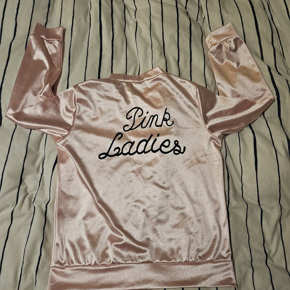 GREASE PINK LADIES 50'S JACKET WOMEN SZ Small FULL ZIP SATIN HALLOWEEN COSTUME
